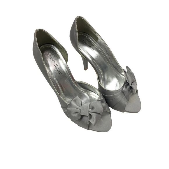 Davids Bridal Maribelle Bow Peep Toe Heel Womens Size 7M Silver Wedding Cocktail - Picture 2 of 9